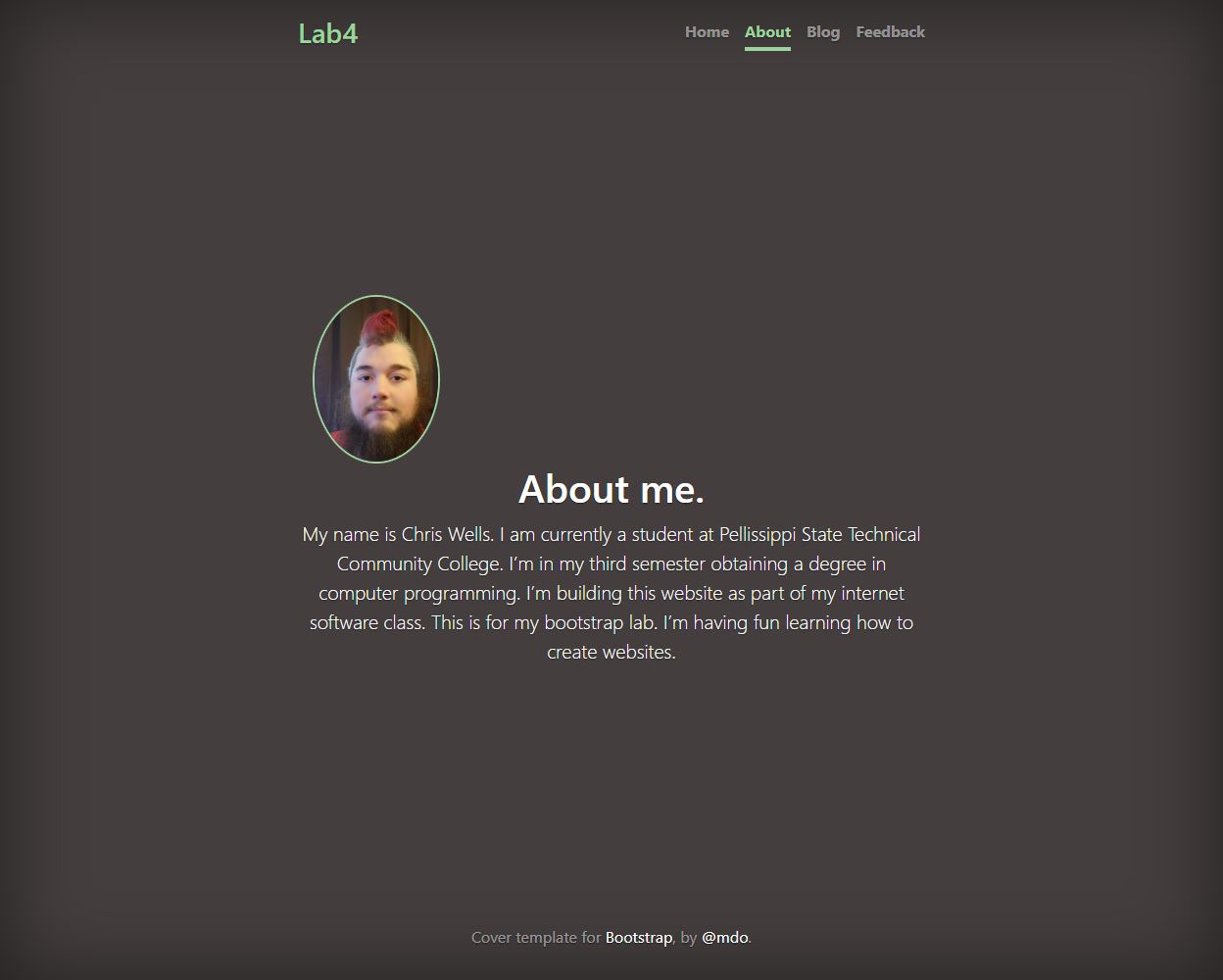 Archived Bootstrap coursework About page with its portrait and original student biography.