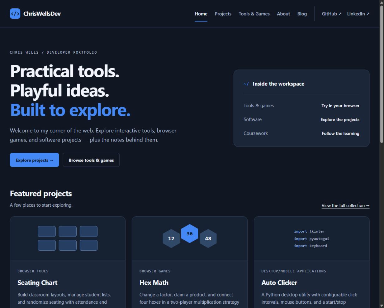 ChrisWellsDev homepage with dashboard navigation, introduction, and project discovery links.