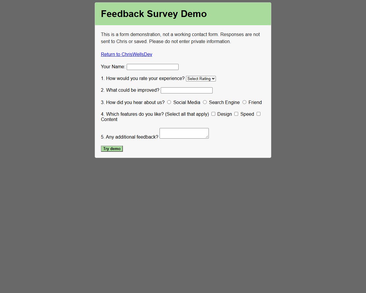 Feedback Survey Demo showing the no-delivery notice and example form fields.