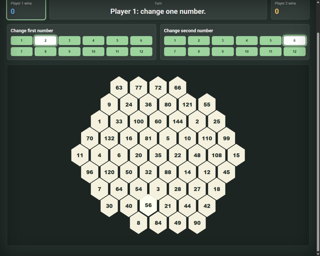 Hex Math factor controls and the complete board of multiplication products.
