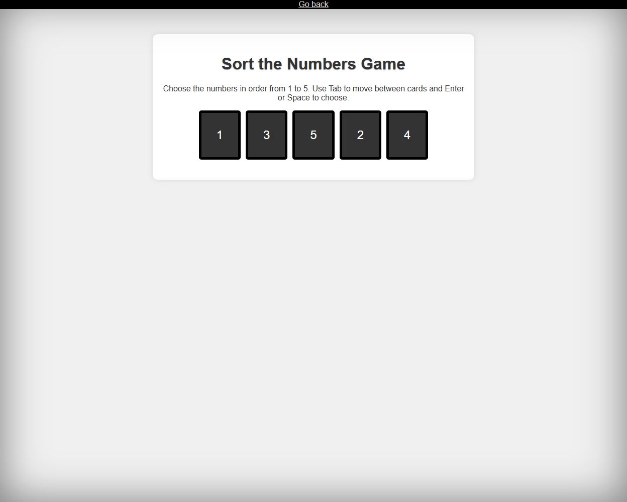 Sort the Numbers with five shuffled buttons and keyboard instructions.